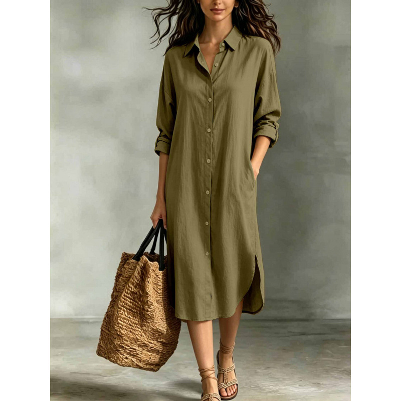 Women's Loose Cotton-Linen Shirt Dress with Pockets