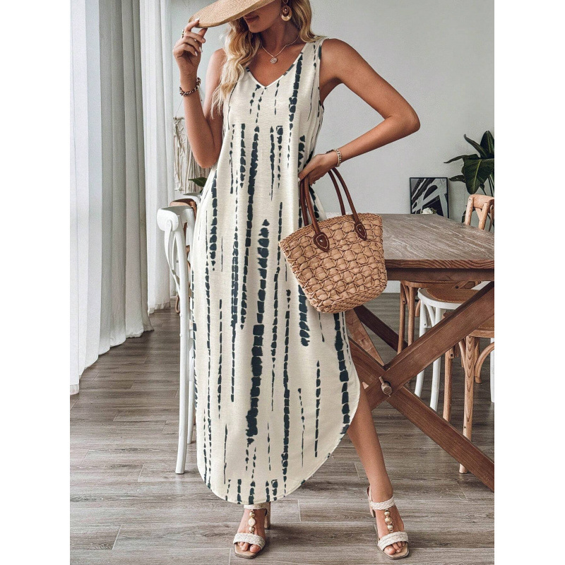 Allover Print Sleeveless V-Neck Slit Dress