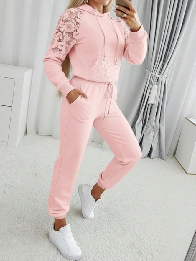 Women's Lace Hollow-Out Hooded Sweatshirt Set