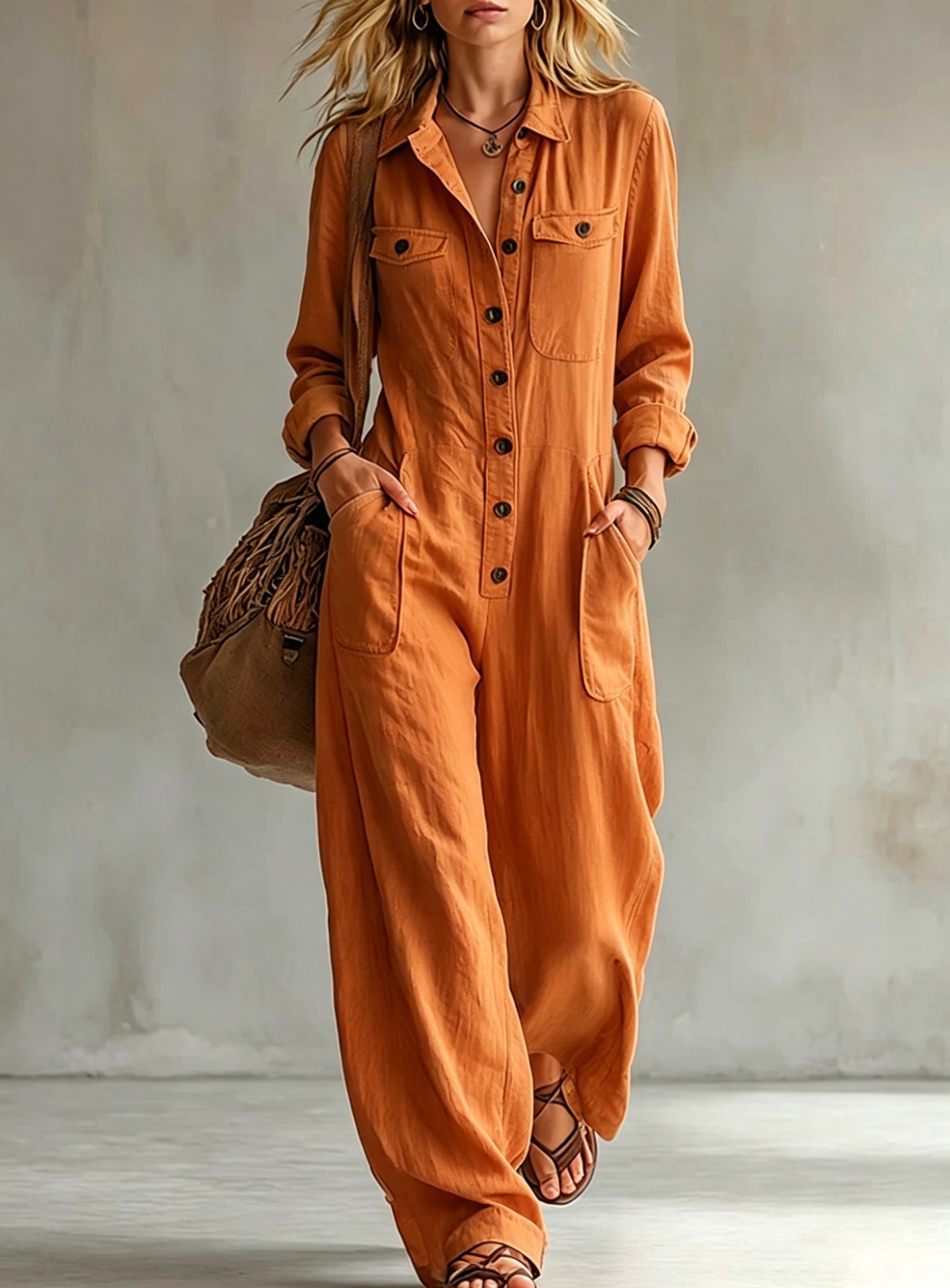 Women's Linen-Blend Cargo Jumpsuit with Collar, Long Sleeve, Wide Leg, Loose Fit