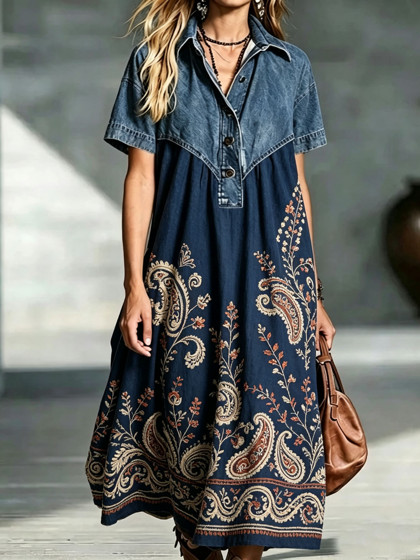 Retro Denim Patchwork Print Loose Casual Dress