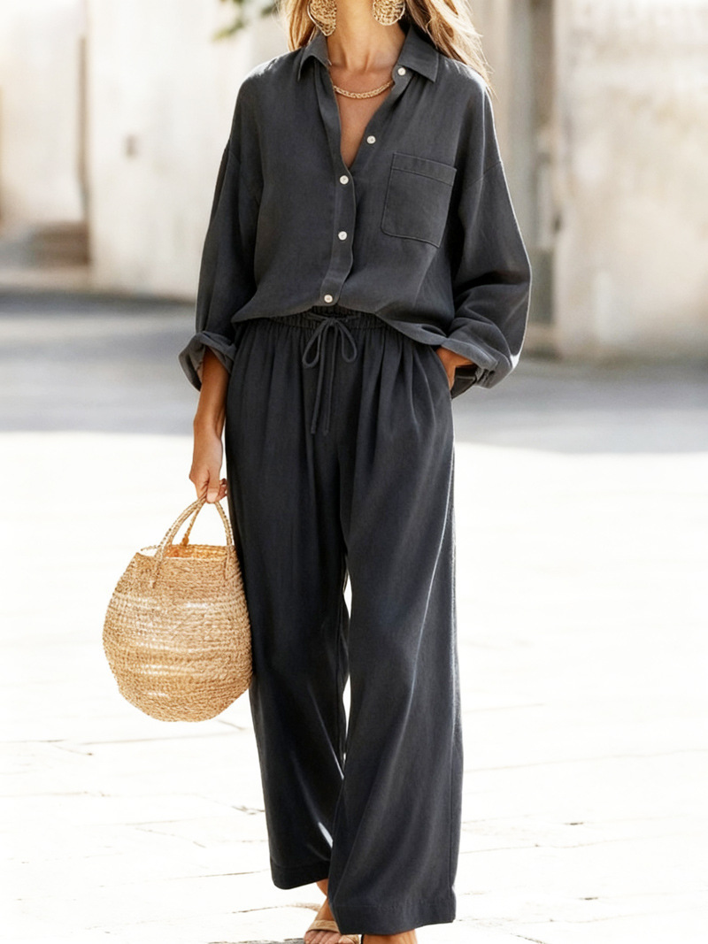 Women's Solid Color Faux Linen Long Sleeve Shirt and Pants Set
