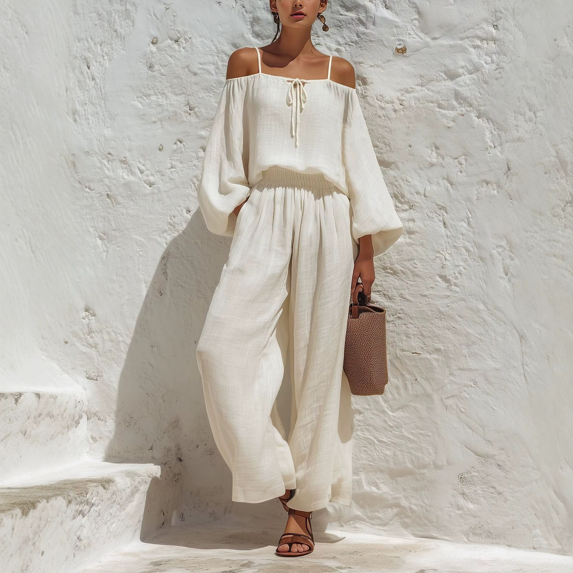 Off-Shoulder Long-Sleeve Top & Wide-Leg Pants Two-Piece Set
