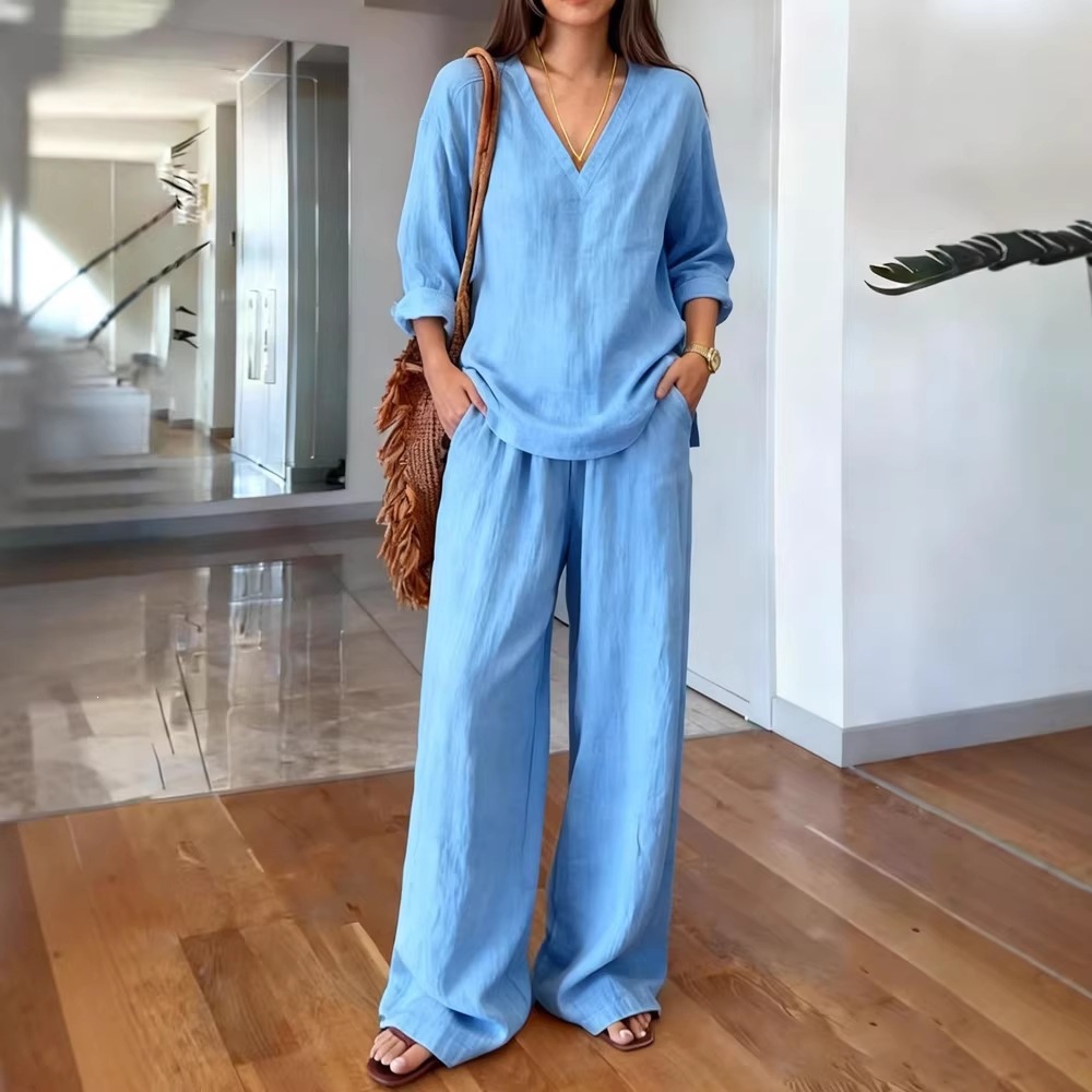Women's Casual V-Neck Long Sleeve Top and Straight-Leg Pants Set Washed Cotton Multi-Color