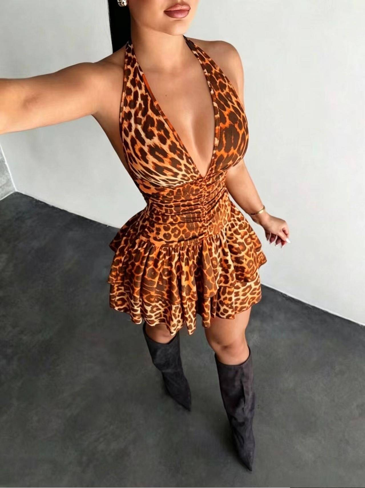 American Retro Leopard Print Backless Lace-Up Bodycon Mini Dress
