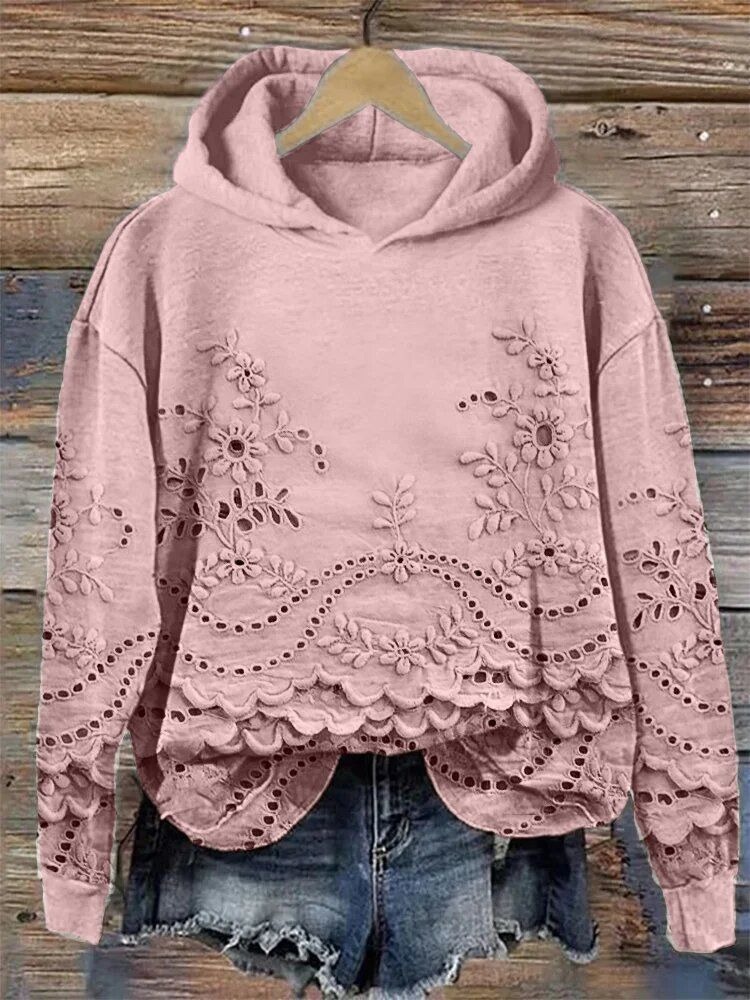 Women's Floral Print Hooded Sweatshirt Solid Color Pullover
