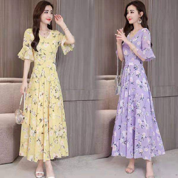 Floral A-Line V-Neck Midi Dress with Nine-Tenth Sleeves