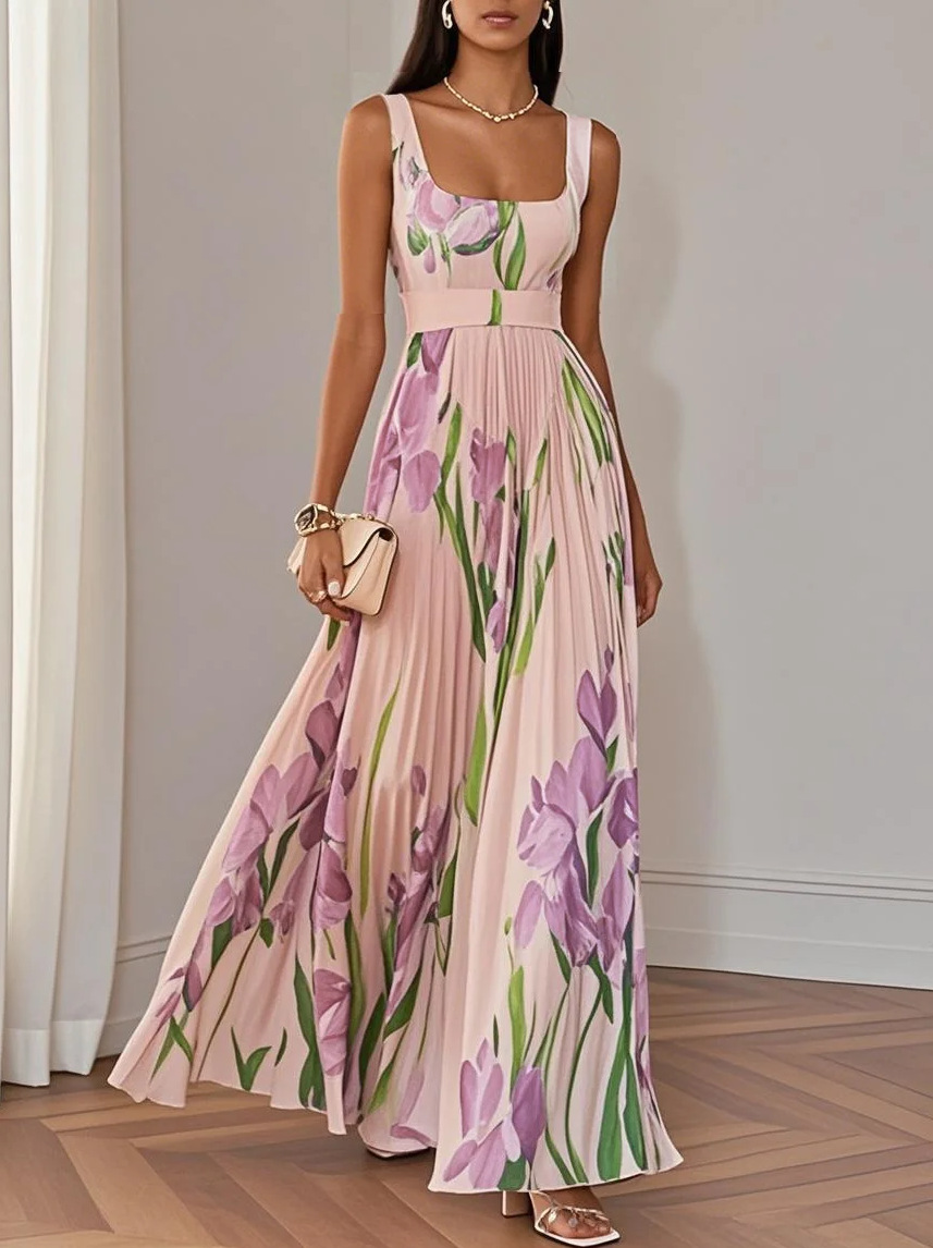 Women's Sleeveless Floral Midi Dress Digital Print Pleated A-Line