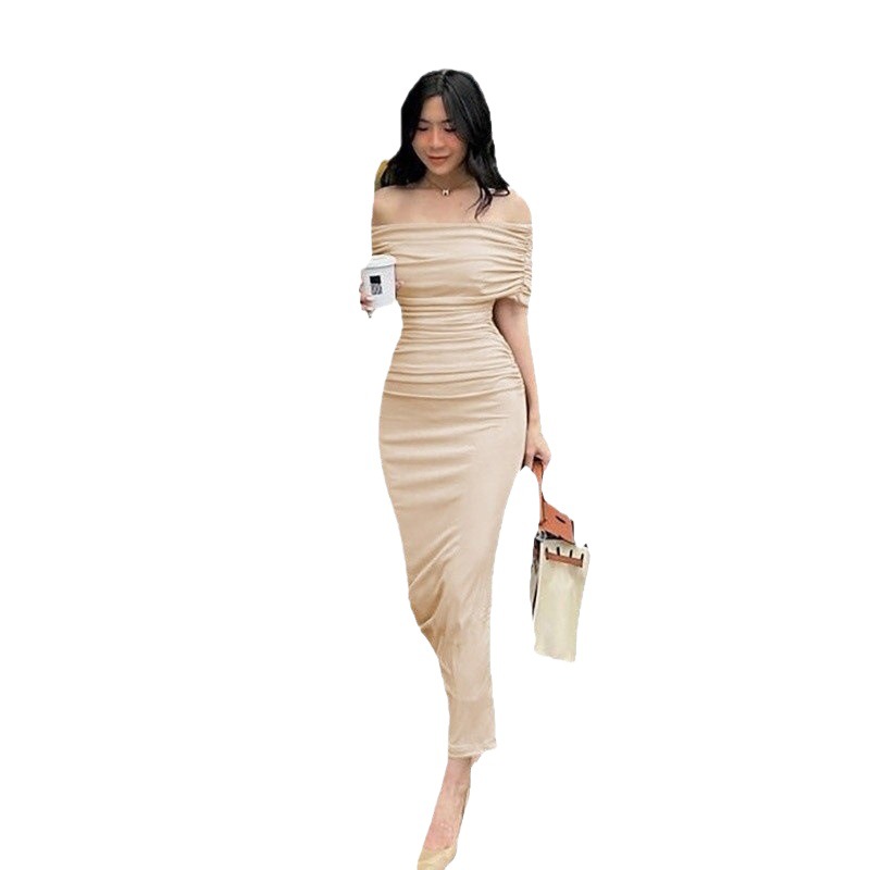 Off-Shoulder Ruched Slit Long Dress