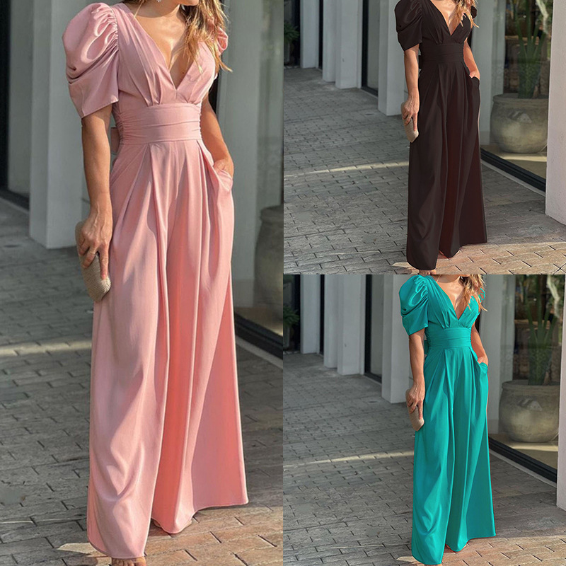 Women's Solid Color Slim Fit Short Sleeve Wide Leg Jumpsuit