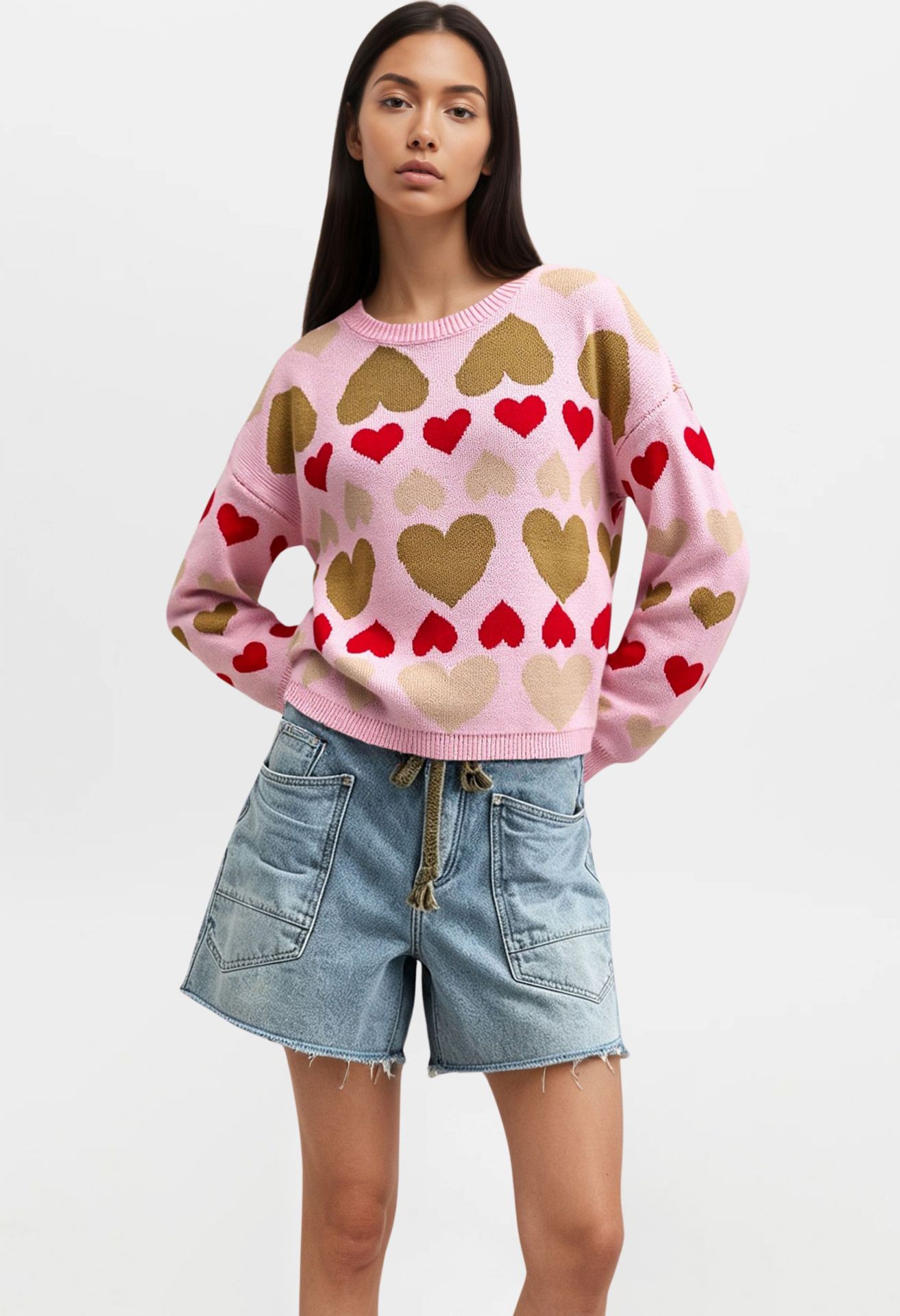 Women's Heart Pullover Sweater Long Sleeve Crew Neck Colorblock