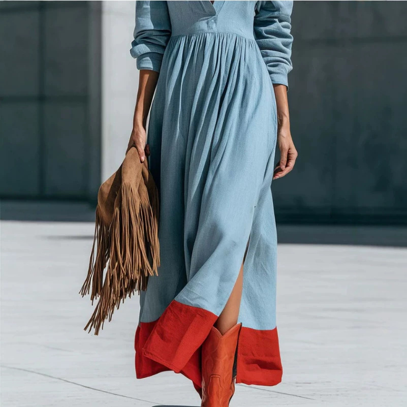 Retro Blue Color-Block Hem V-Neck Long Sleeve Maxi Dress
