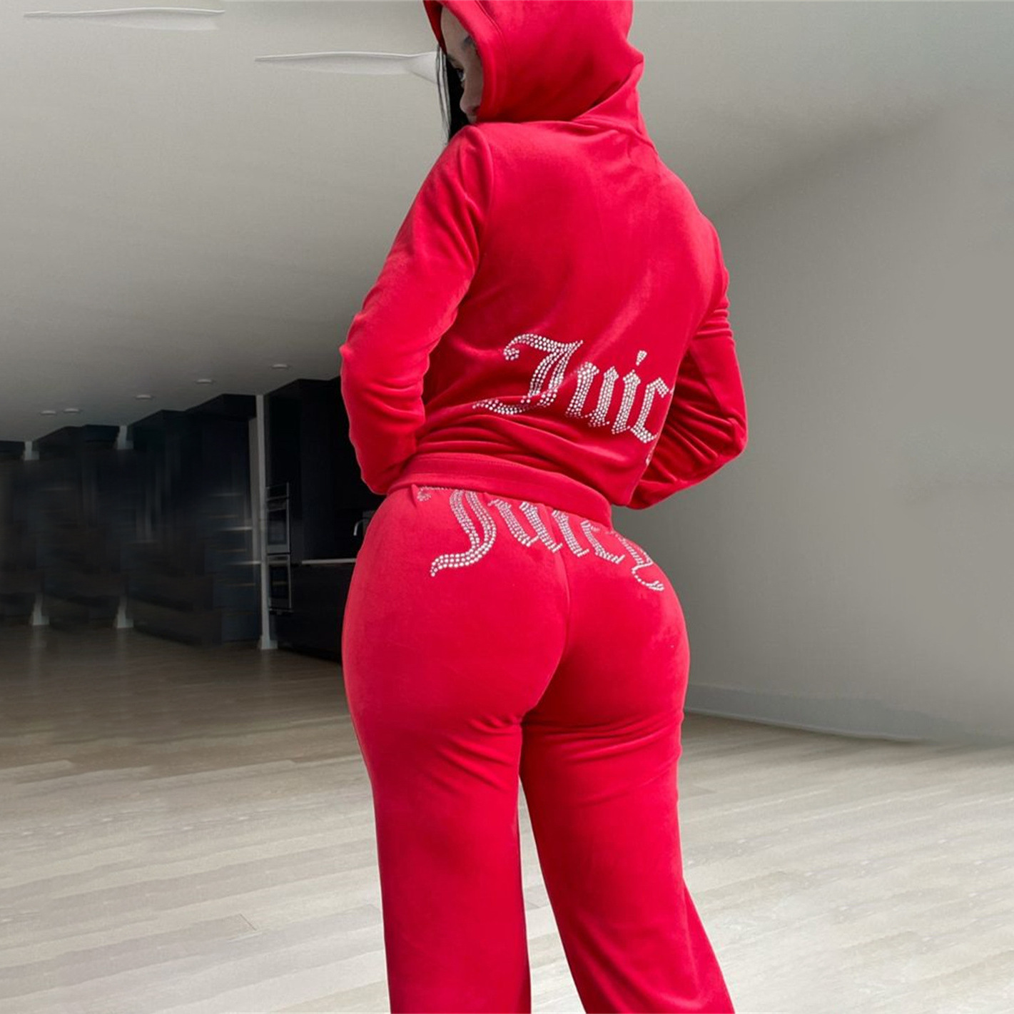 Women's Casual Two-Piece Tracksuit with Rhinestone Letter Hoodie and Loose Pants