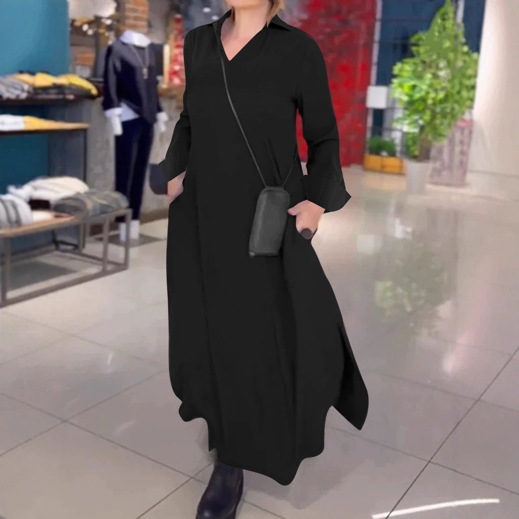 Elegant Solid Color Long Sleeve Polo Neck Maxi Dress