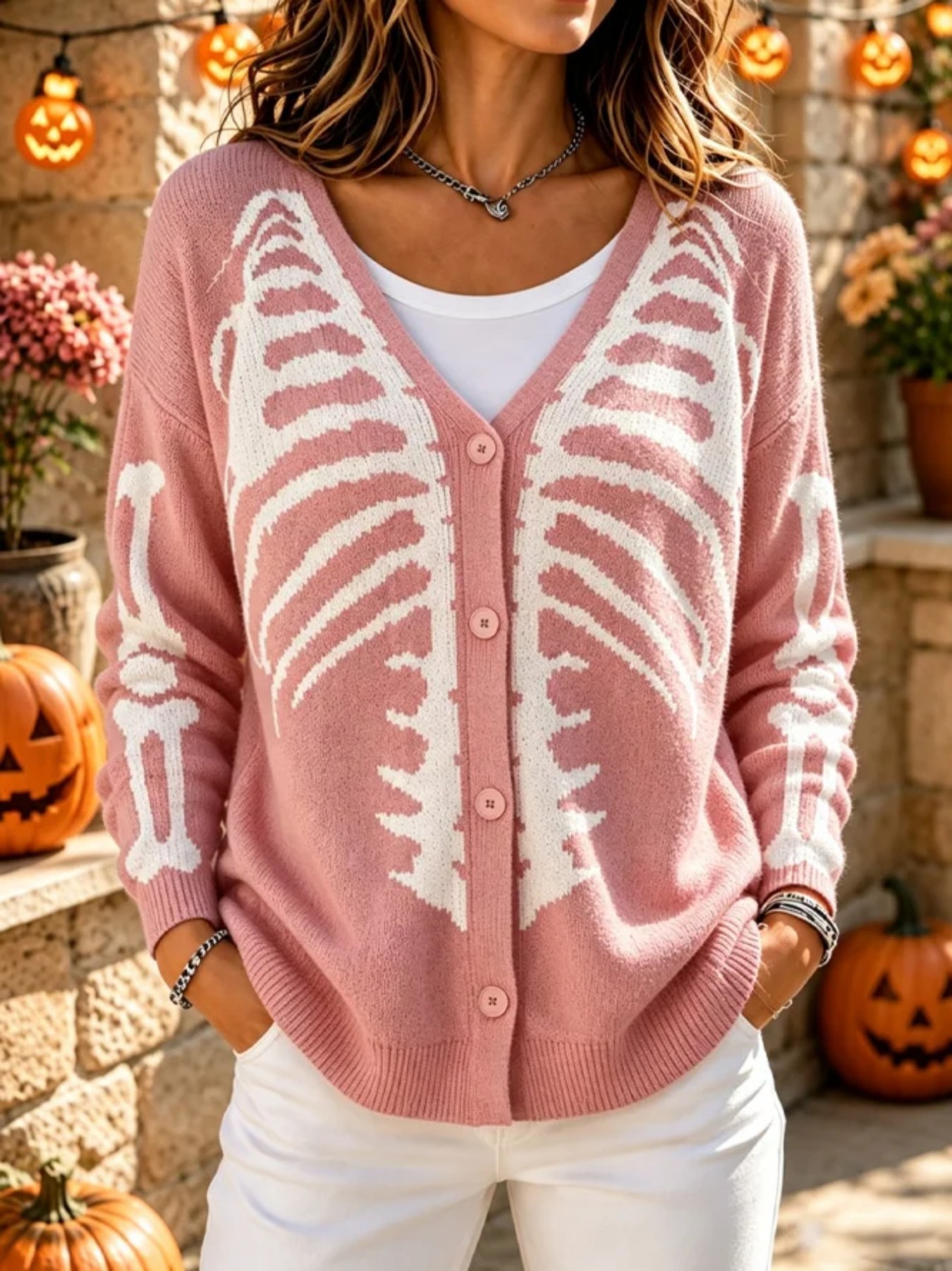 Women's Skeleton Ribbed Halloween Graphic Cardigan
