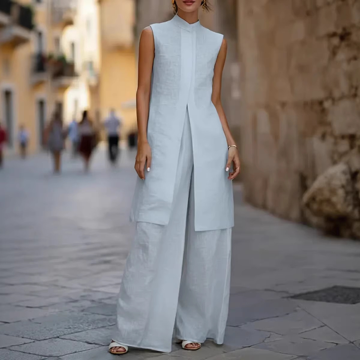 Women's Sleeveless Cotton-Blend Shirt and Wide-Leg Pants Set