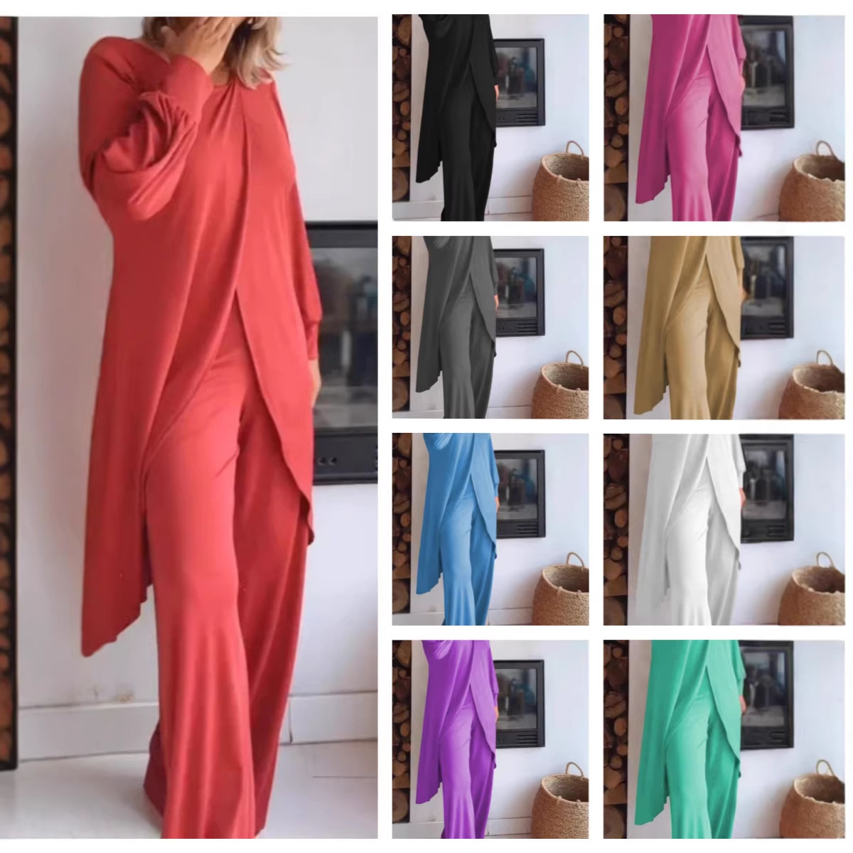Women's Long Sleeve Asymmetric Wide-Leg Two-Piece Set Casual