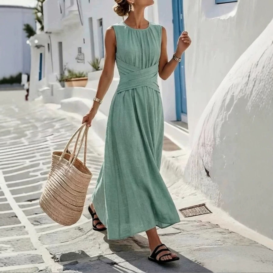 Simple Elegant Round Neck Sleeveless Waist-Defined Midi Dress