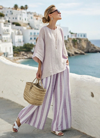 Striped Print Color-Block Mid-Sleeve Round Neck Top and Straight Pants Casual Set