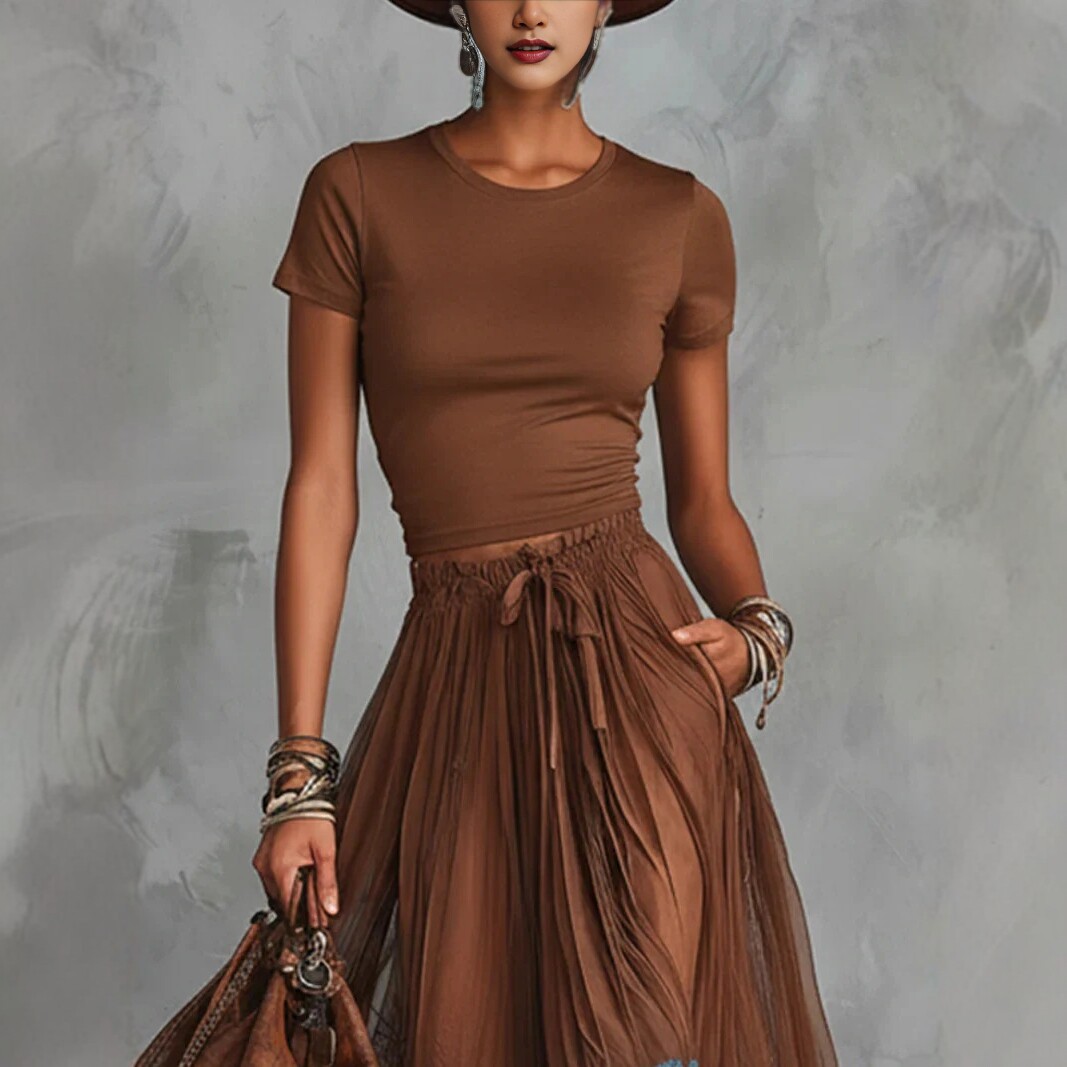 Brown Short Sleeve Top and Blue Lace Panel Maxi Skirt Set