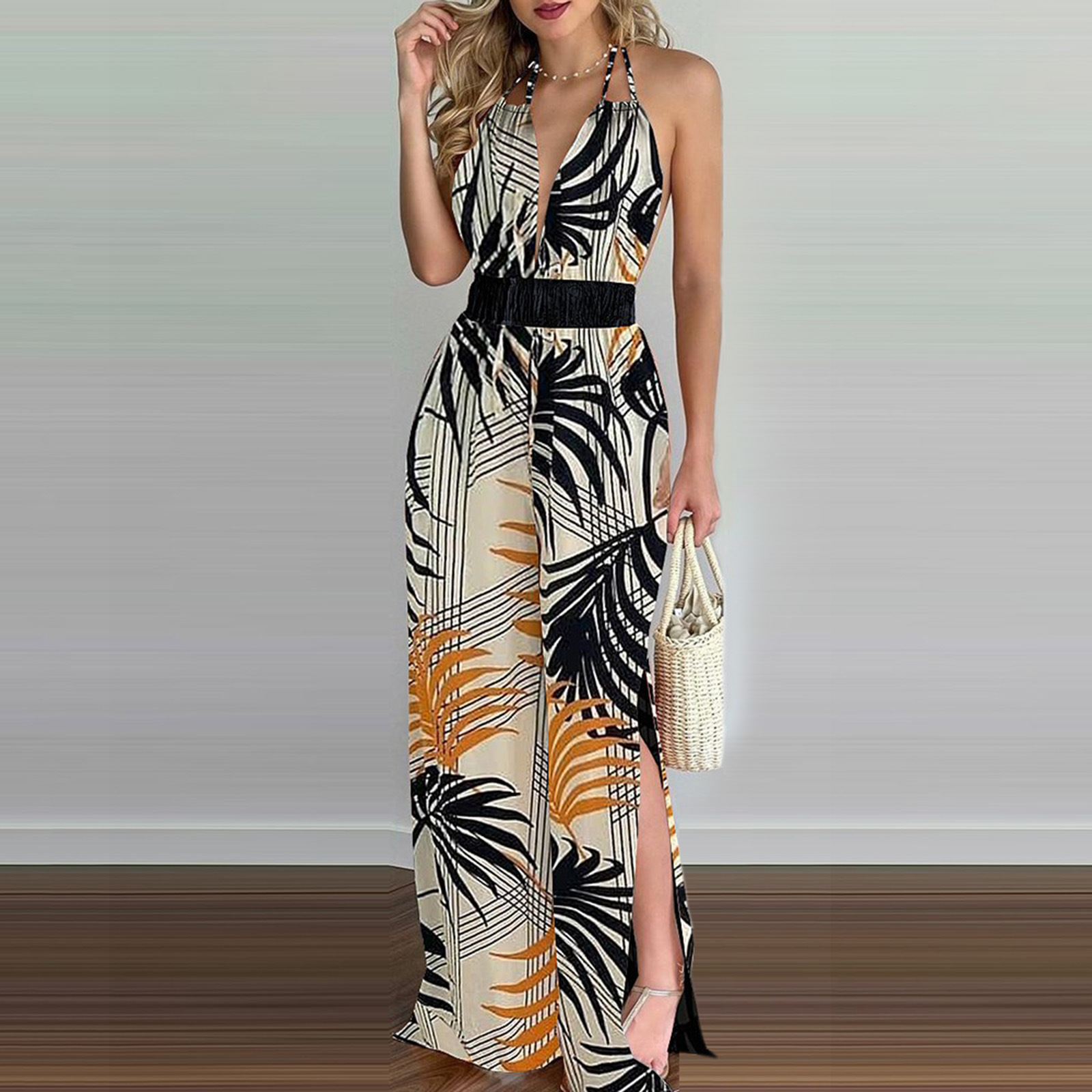 Women's Digital Print Sleeveless Jumpsuit with V-Neck and Wide Leg