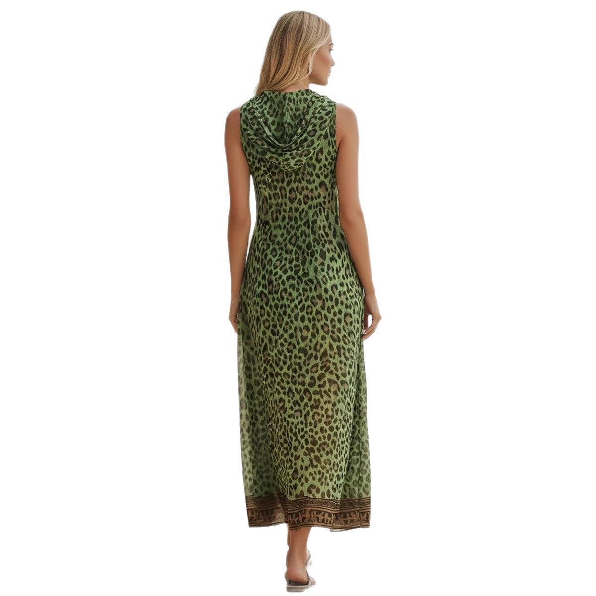 Women's Sleeveless V-Neck Leopard Print Hooded Midi Dress