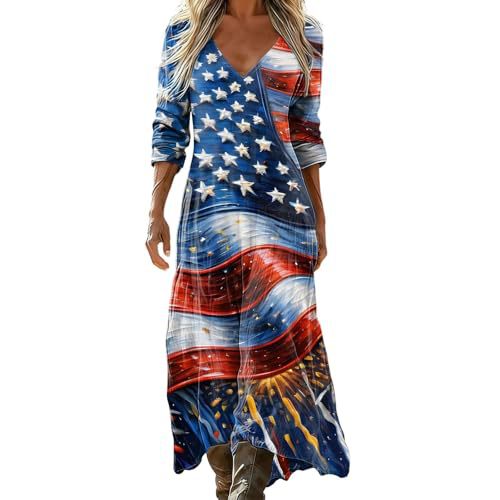 Women's Gradient Star American Flag Print Ruched Midi Dress