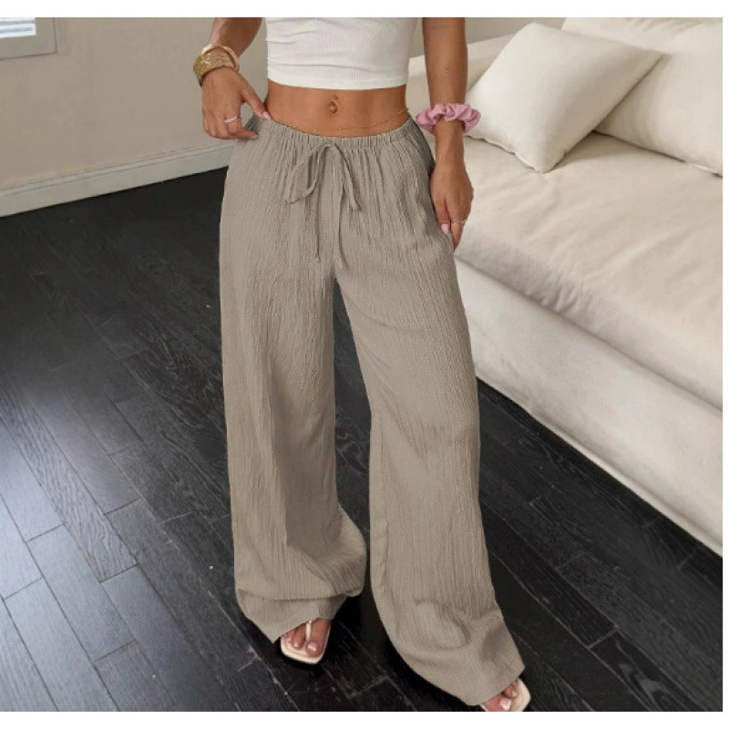 Women's Casual Textured Wide-Leg Pants with Tie Waist and Diagonal Pockets