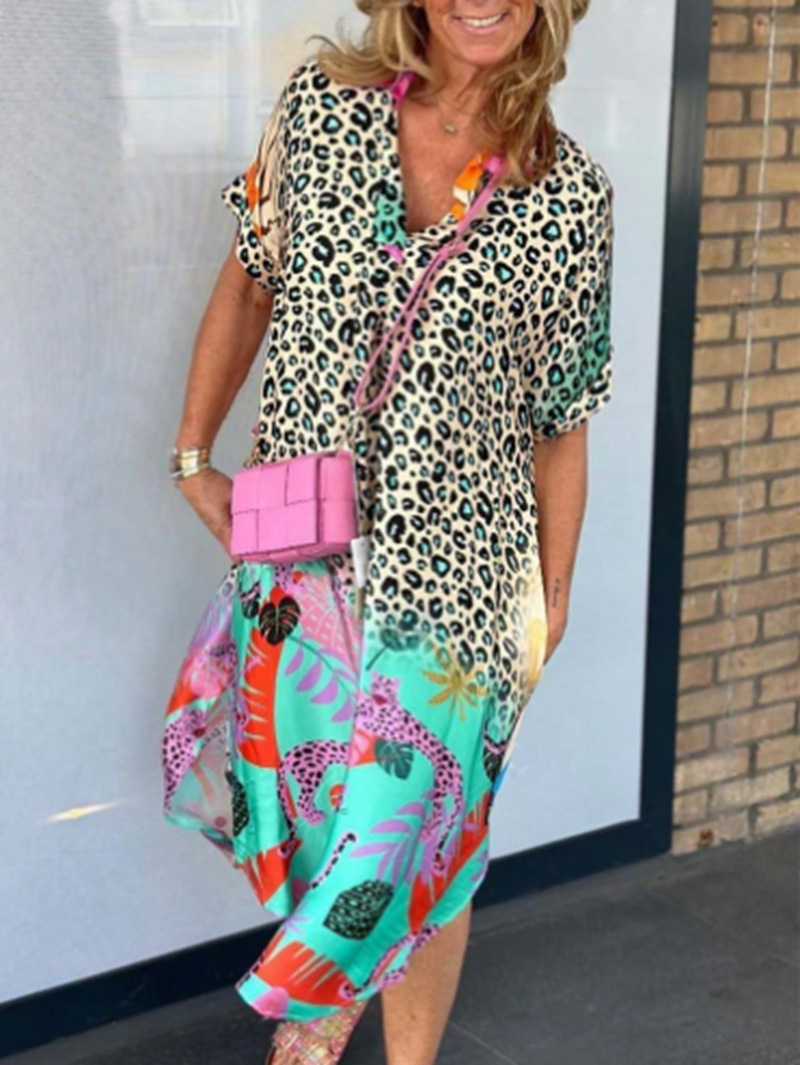 Leopard Print Half-Open Neck Short Sleeve Dress