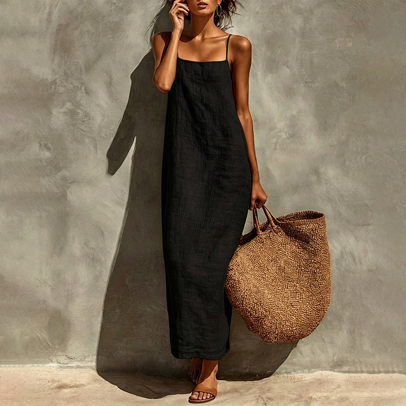 Women's Summer Sleeveless A-Line Maxi Dress Solid Color French Style