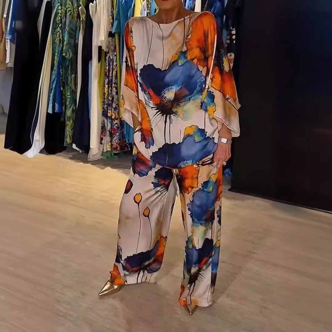 Urban Elegant Satin Off-Shoulder Loose Floral Print Batwing Sleeve Drawstring Pants Set