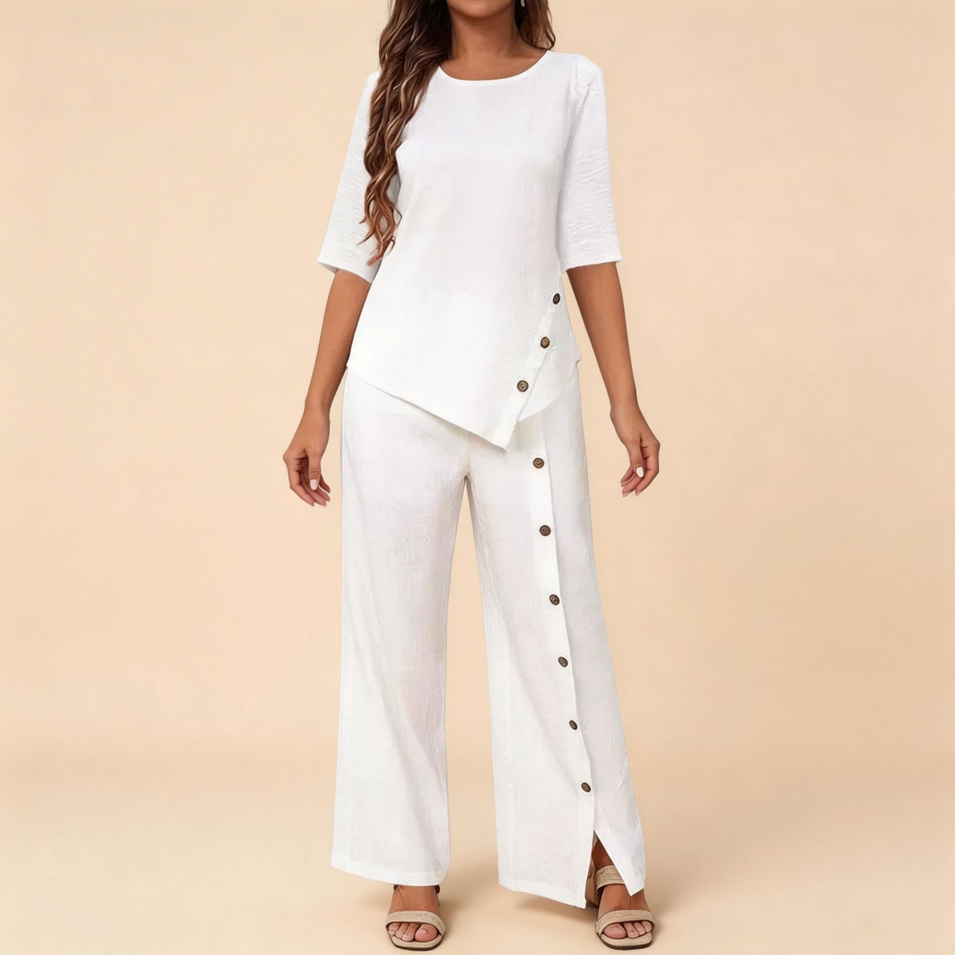 Women's Asymmetrical Hem Pant Set with Button Short-Sleeve Shirt