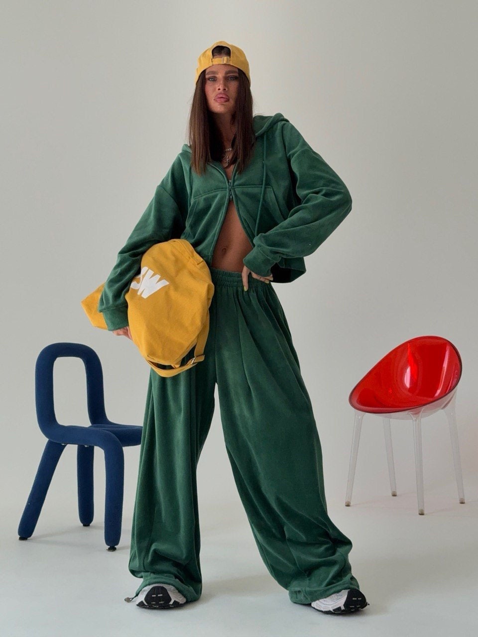 Solid Color Cropped Hooded Cardigan and Wide-Leg Pants Two-Piece Set