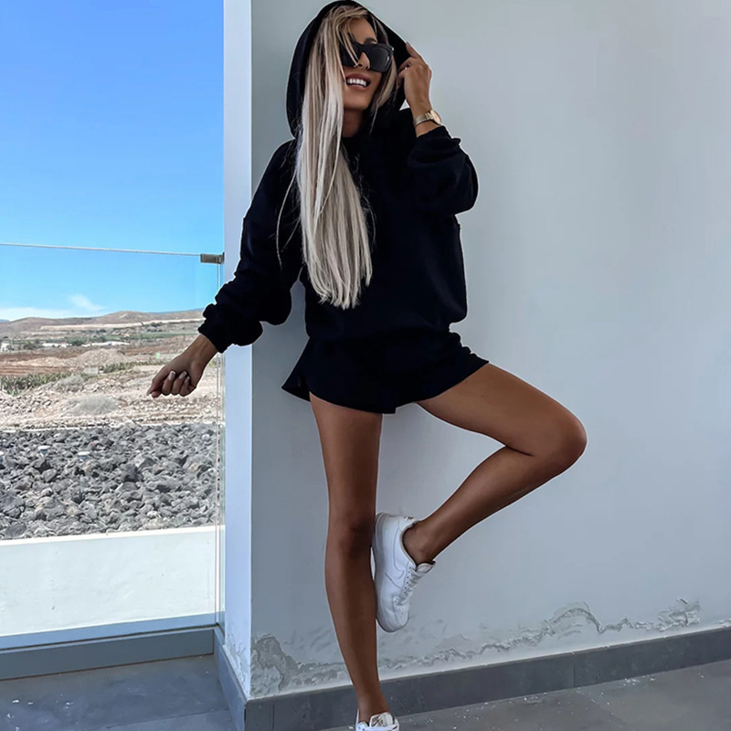 Women's Casual Hoodie and Shorts Set Loose Long Sleeve Solid Color