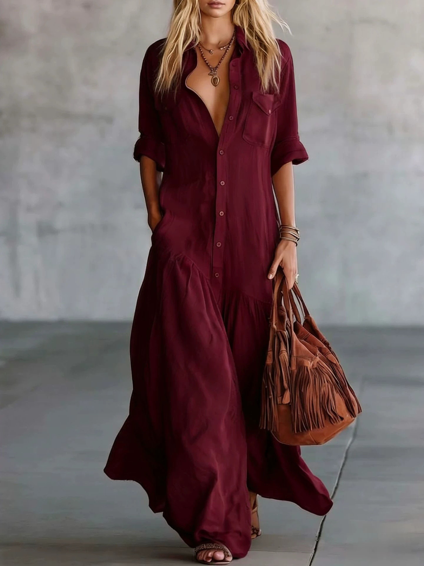 Women's Button-Front Short-Sleeve Solid Shirt Dress Casual Vacation Long Dress
