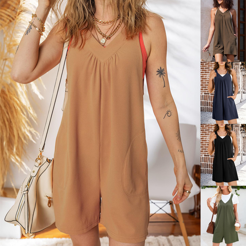 Sleeveless Waffle Knit Solid Overalls with Side Pockets