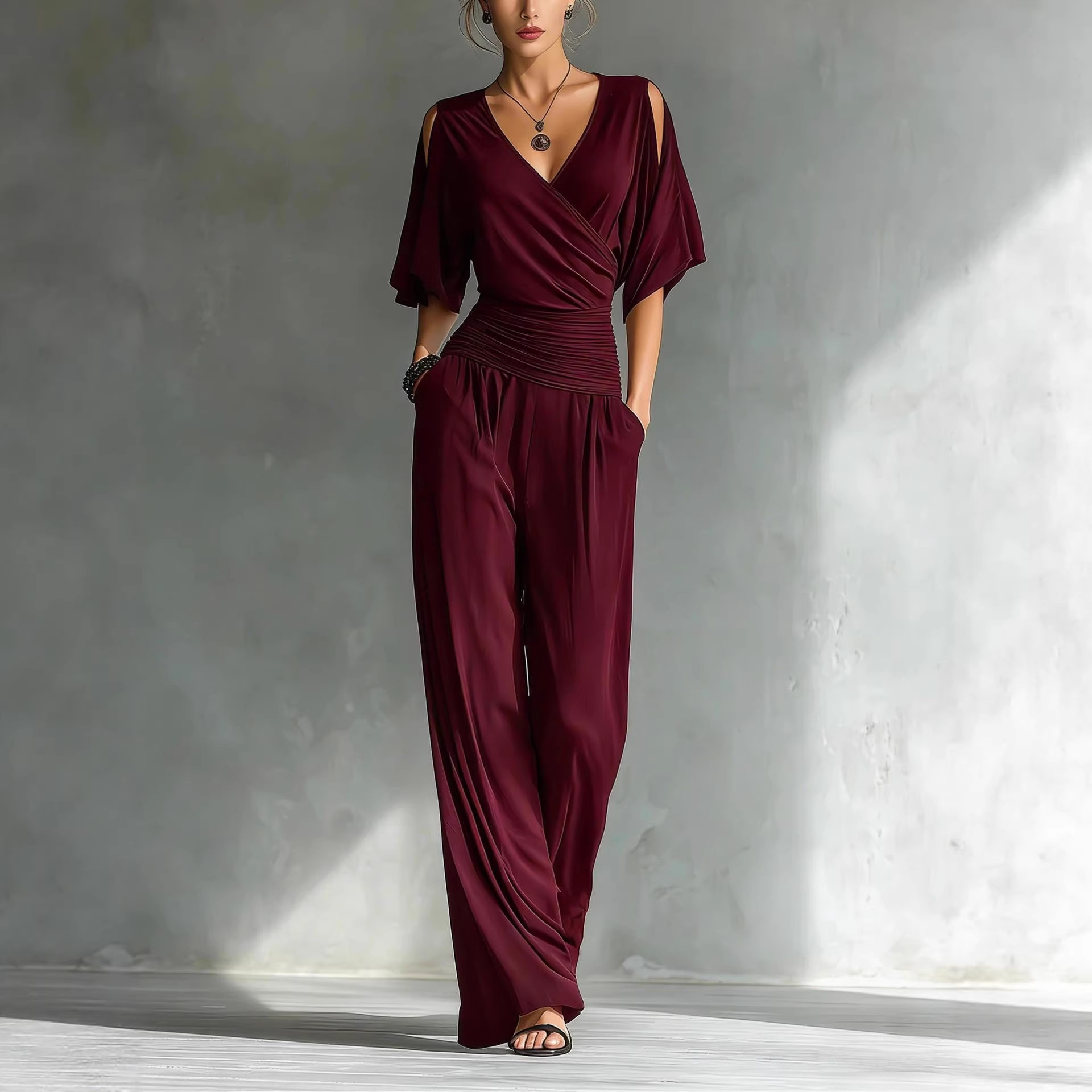 Women's Cold-Shoulder V-Neck Slim Jumpsuit