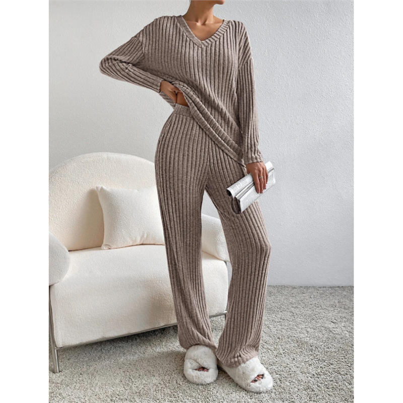 Women's Two-Piece V-Neck Knit Top and Straight-Leg Pants Set
