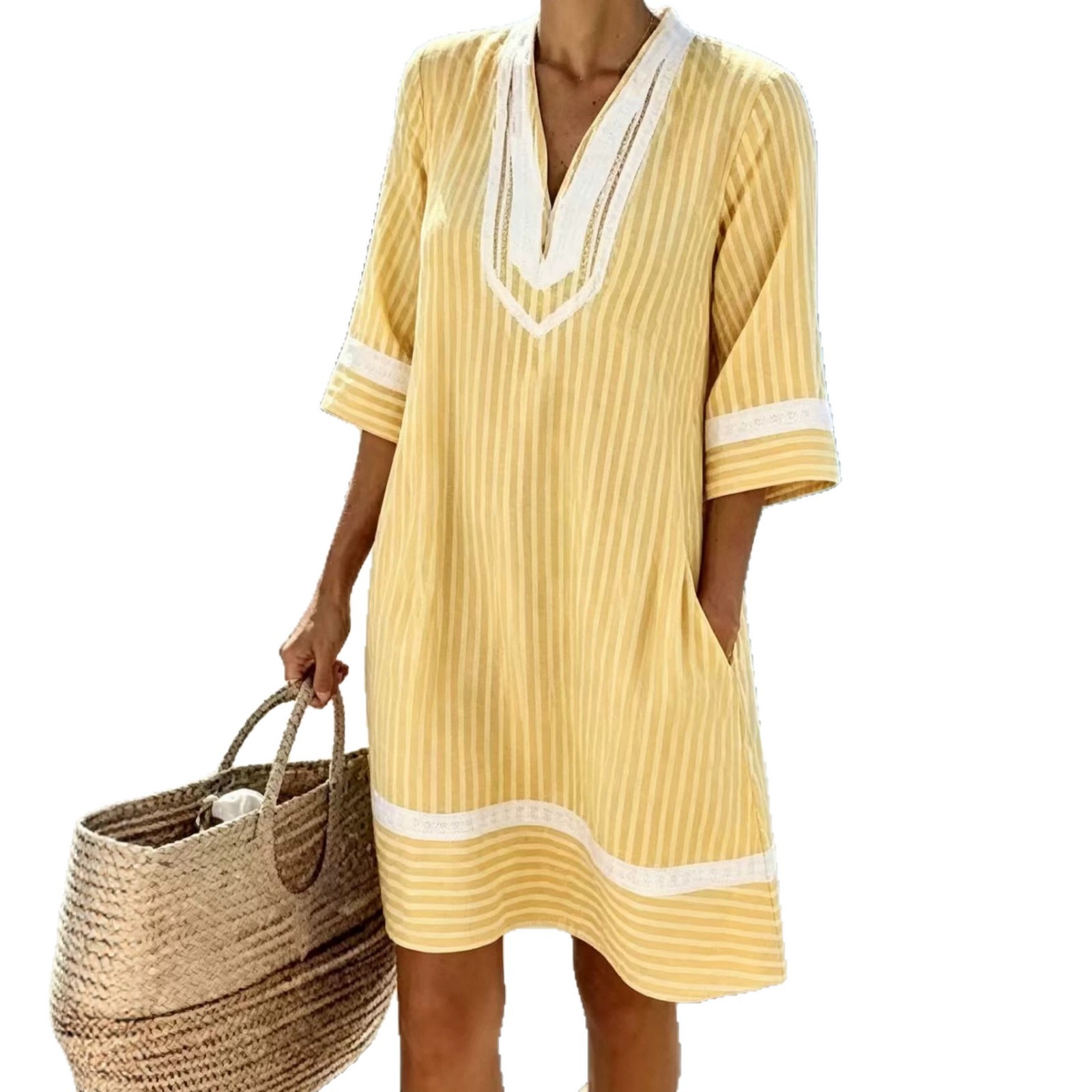 Women's Striped Tie Print A-Line Midi Dress Casual Long Sleeve