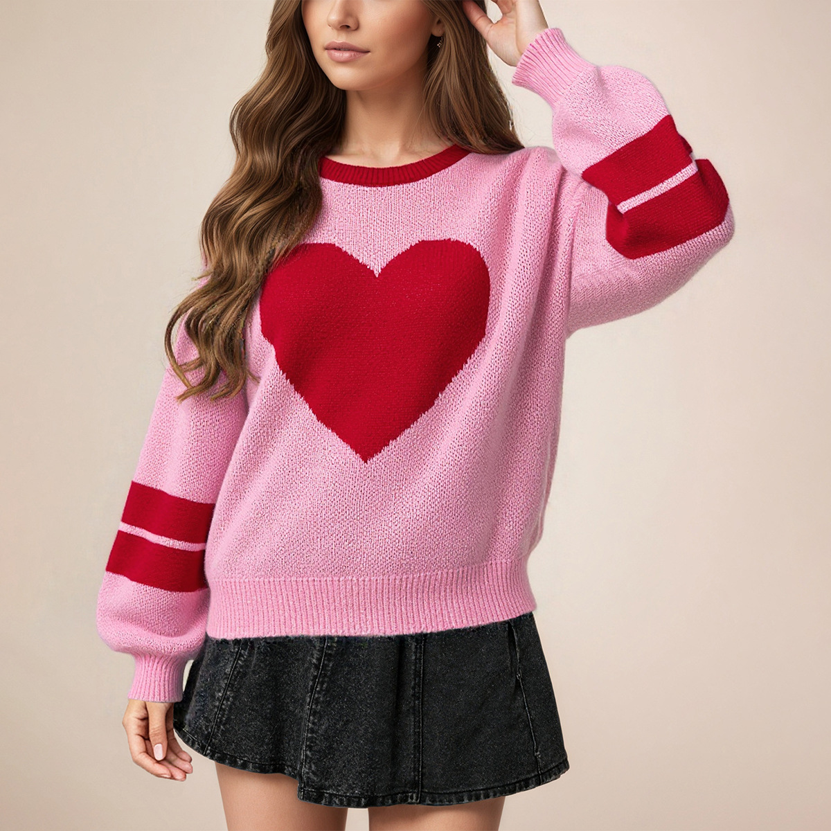 Women's Heart Pullover Sweater Crew Neck Long Sleeve Loose Fit