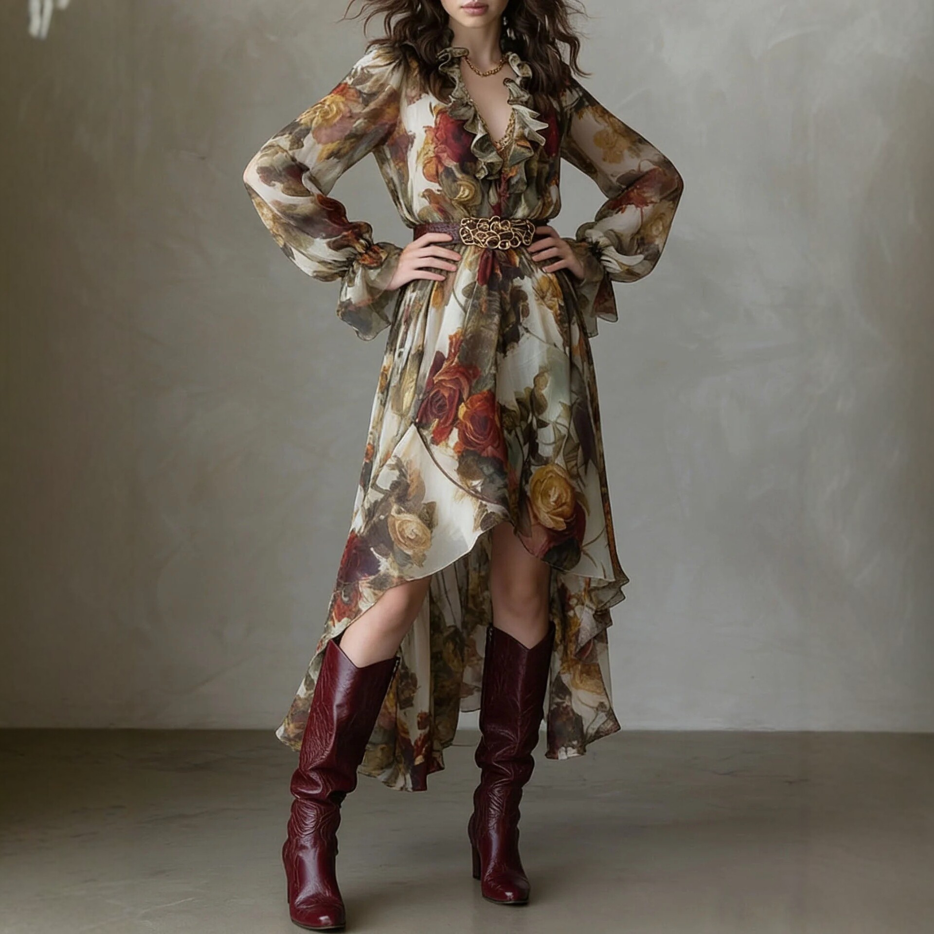 Vintage Oil Painting Rose Print Ruffled V-Neck Long Sleeve Waist-Cinching Asymmetric Chiffon Maxi Dress with