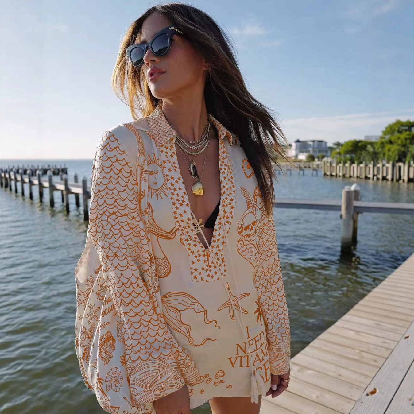 Printed Low-Neck Long-Sleeve Top and Shorts Two-Piece Set