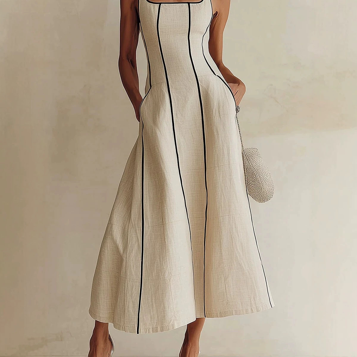 French Square-Neck Sleeveless Dress with Contrast Stitching and Waist-Cinching