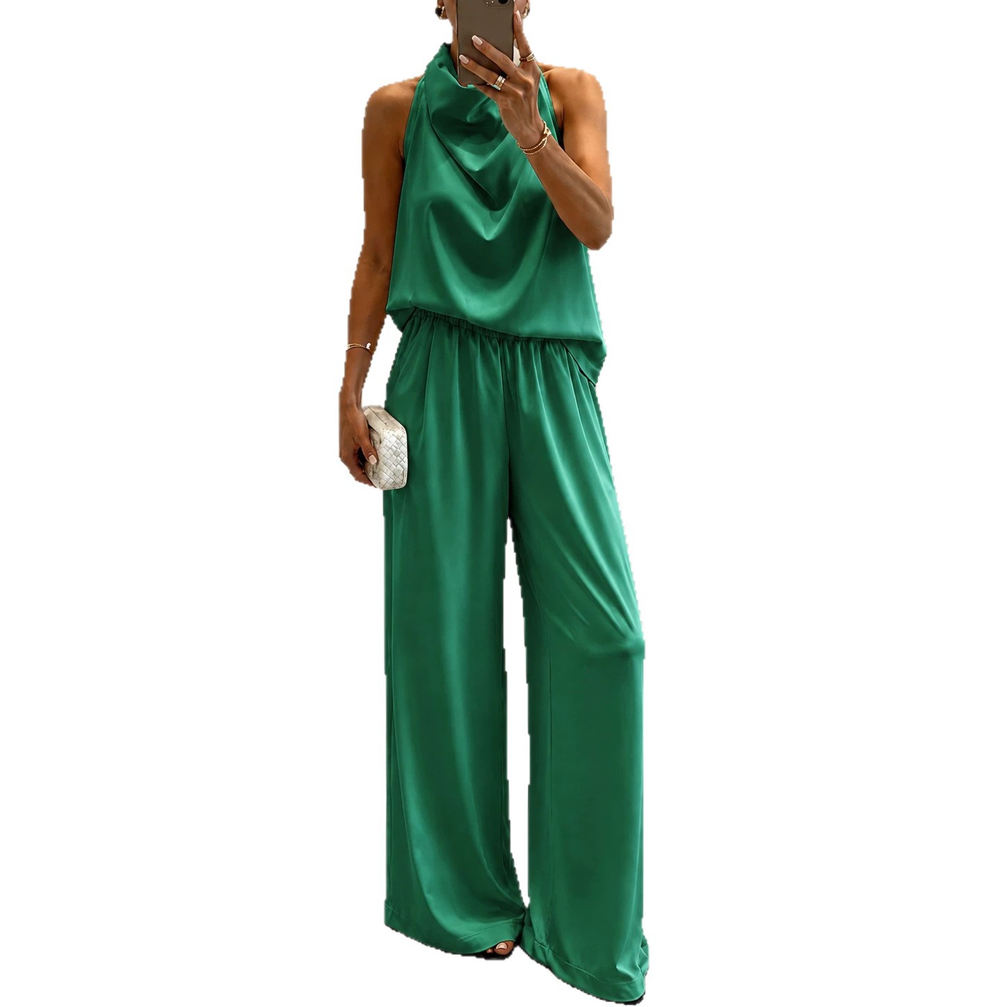 Women's Summer Halter V-Neck Sleeveless Top & High-Waist Wide-Leg Pants Set