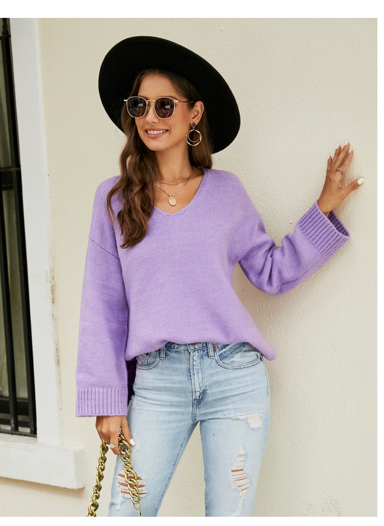 Women's Long Sleeve V-Neck Knit Sweater Casual Loose Fit