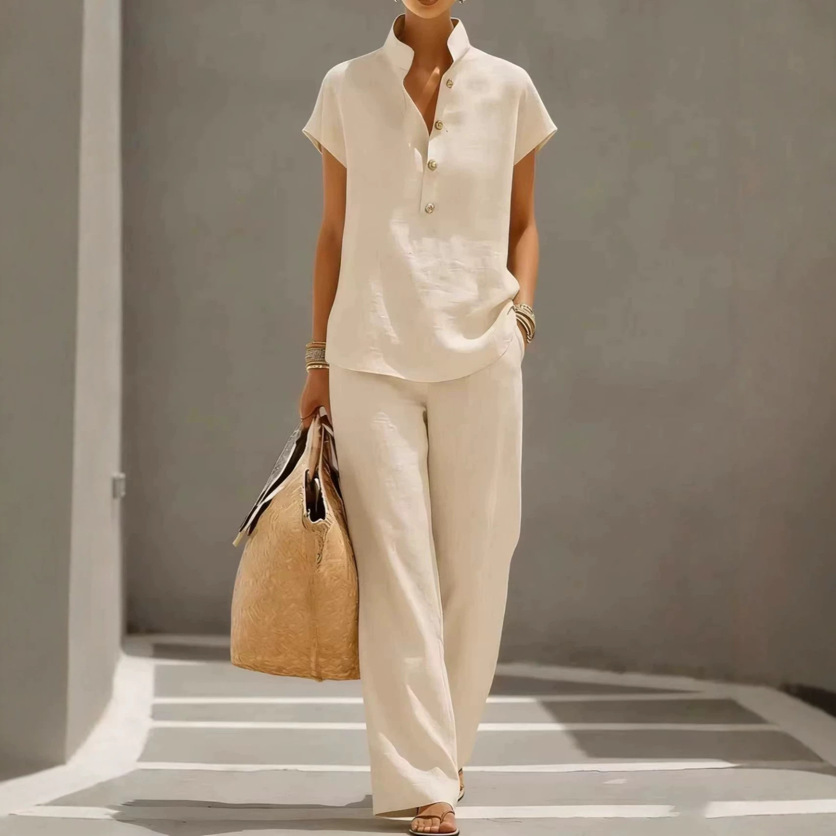 Women's Casual Linen-Blend Open-Front Shirt & Pants Set