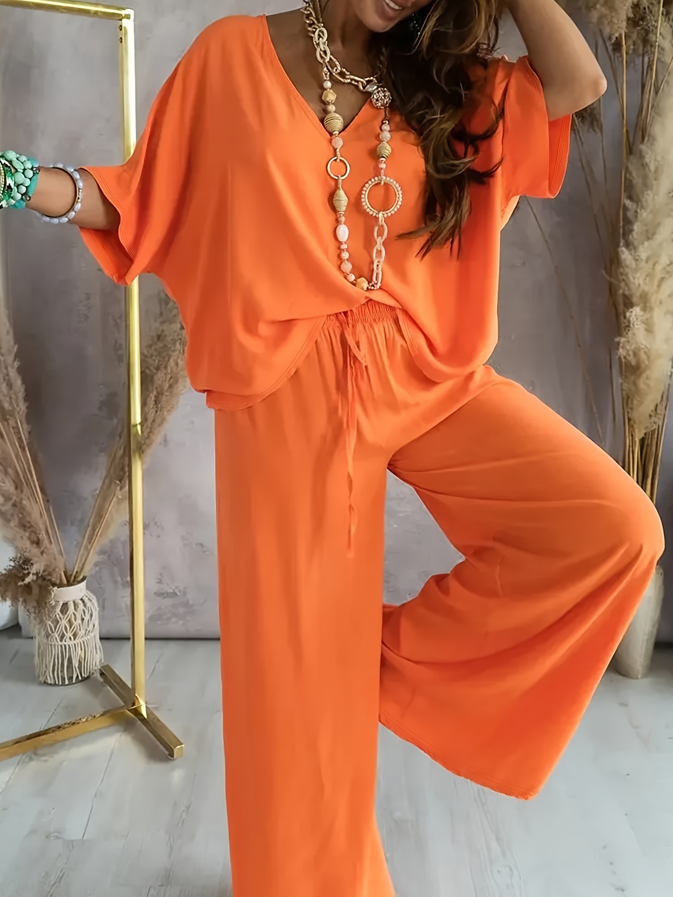 V-Neck Batwing Sleeve Wide-Leg Pants Set Women's Casual Loose Two-Piece