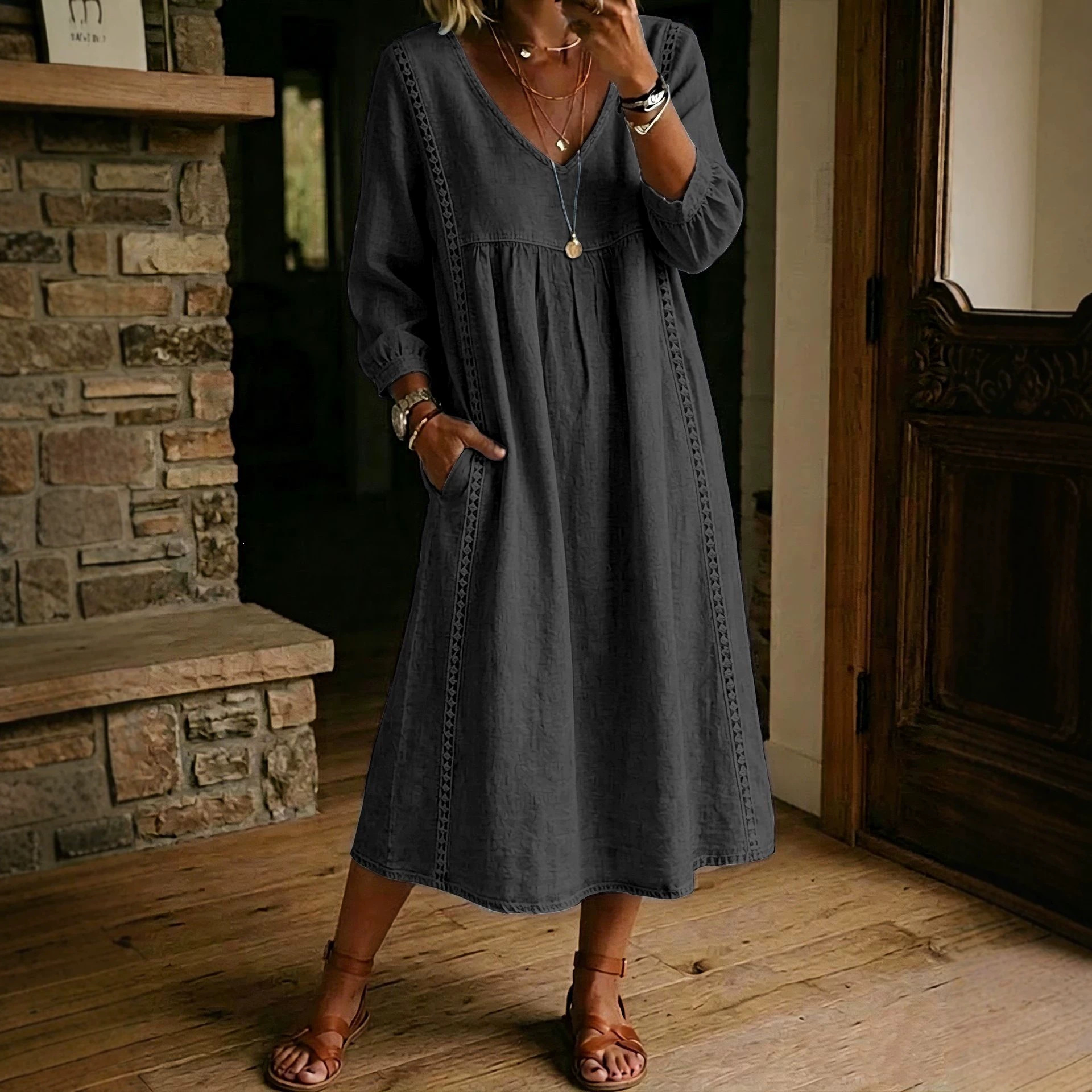 Solid V-Neck Lace-Trim A-Line Midi Dress