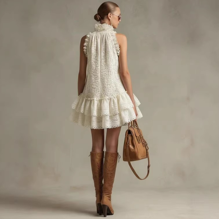 Beige Lace Sleeveless Ruffle Mini Dress