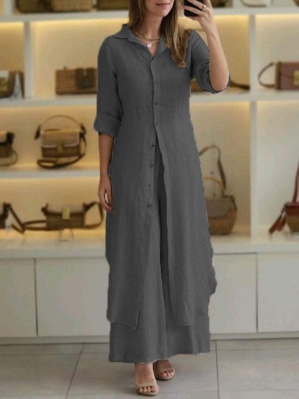 Women's Cotton-Linen Fitted Waist Long-Sleeve Shirt & Wide-Leg Pants Set